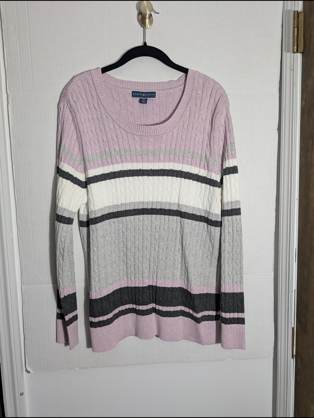 Scott Pink, Gray & Cream Striped Cable-Knit Crewneck Sweater